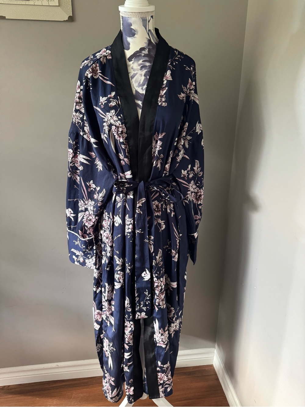 Navy Floral Kimono Robe with Black Trim